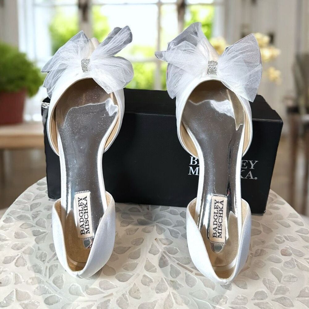 Badgley Mischka Fergie Bridal Ballet Flats Ivory Tulle Bow Pointed Toe D’Orsay S - Picture 8 of 13